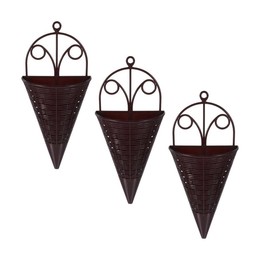 Rattan Decorative Hanging Wall Basket Set Lightweight Cone Shaped Woven Planters for Balcony Garden