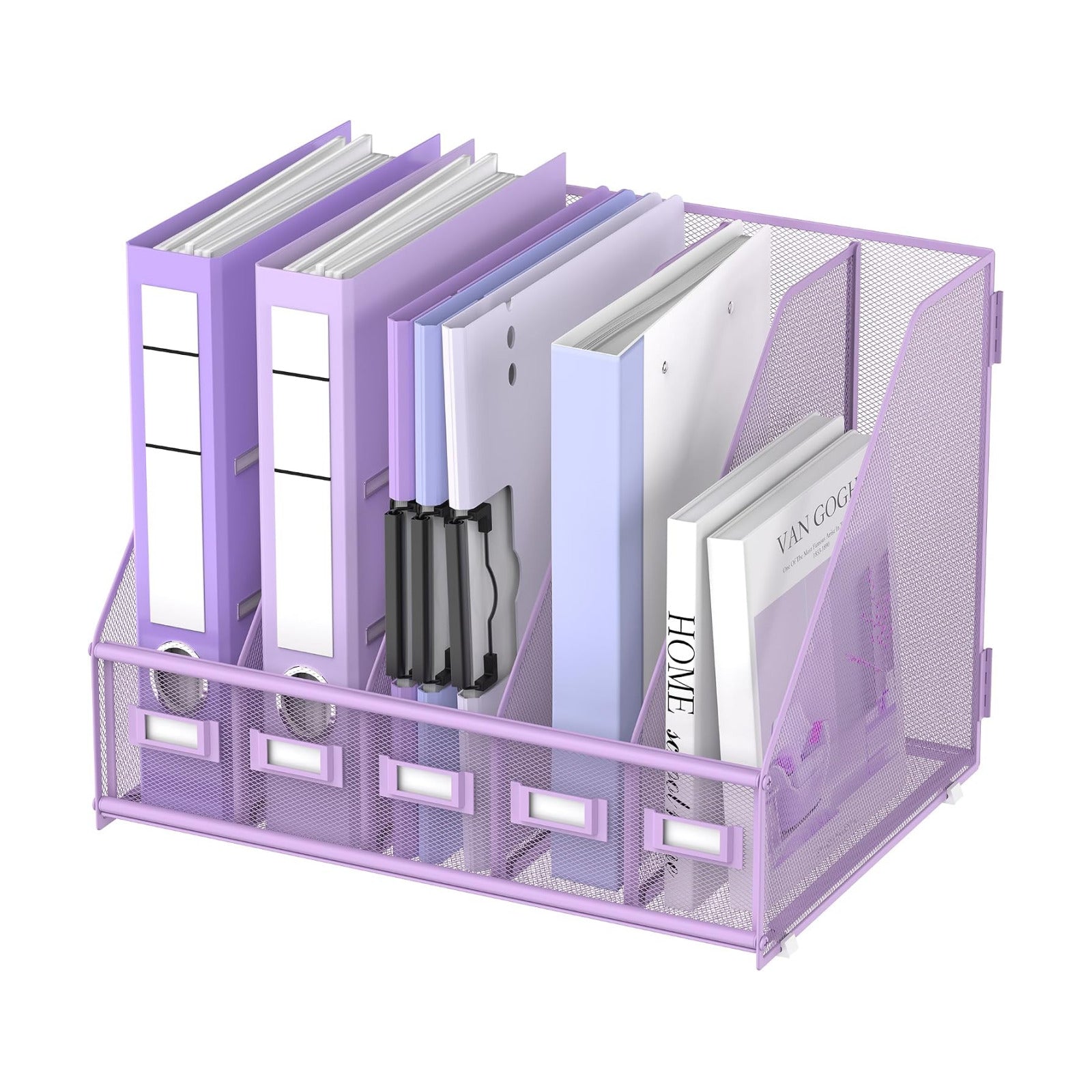 DALTACK 5-Slot Magazine File Holder, Metal Binder Holder, Purple | Iron Mesh Construction, Labeled Sections for Easy