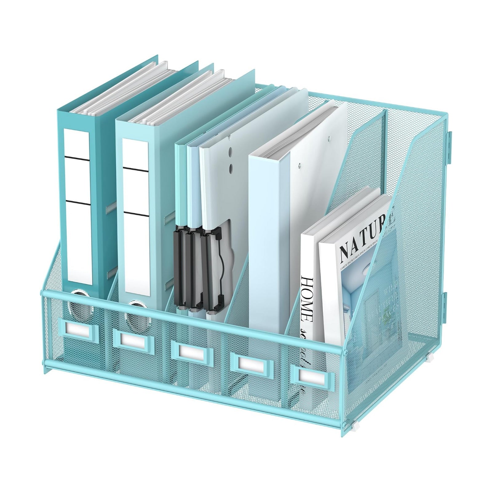 DALTACK 5-Slot Magazine File Holder, Metal Binder Holder, Blue | Iron Mesh Construction, Labeled Sections for Easy