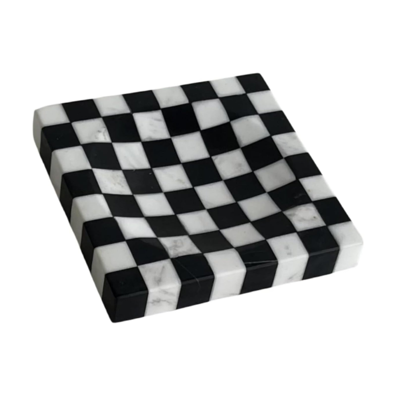 Marble Stone Checkerboard Square Small Splicing Mosaic Tray Jewelry Dish / Black and White