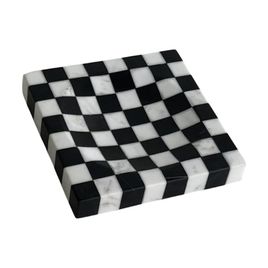 Marble Stone Checkerboard Square Small Splicing Mosaic Tray Jewelry Dish / Black and White