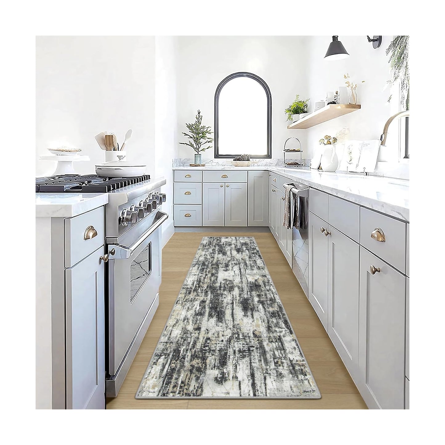 2'6''x8' Runner Rugs Washable Rug: Modern AbstractBlack Grey Gold Carpet