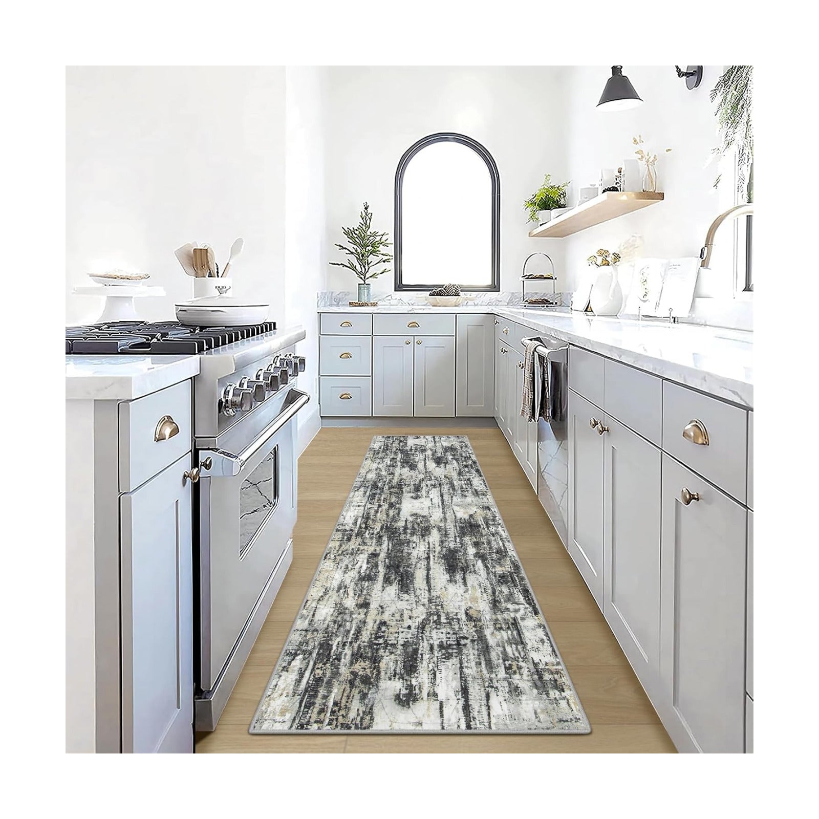 2'6''x8' Runner Rugs Washable Rug: Modern AbstractBlack Grey Gold Carpet