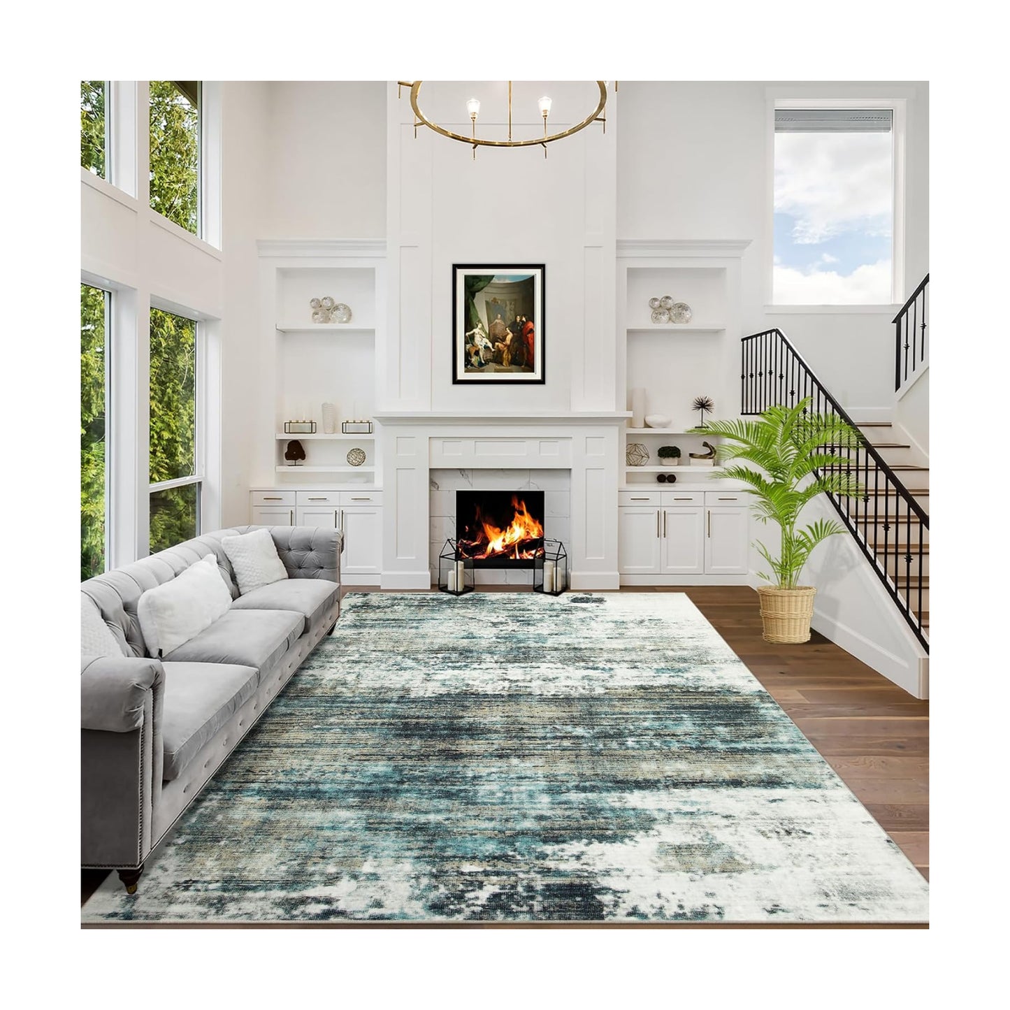 6x9 Area Rugs for Living Room: Washable Abstract Teal Green Badroom Carpet