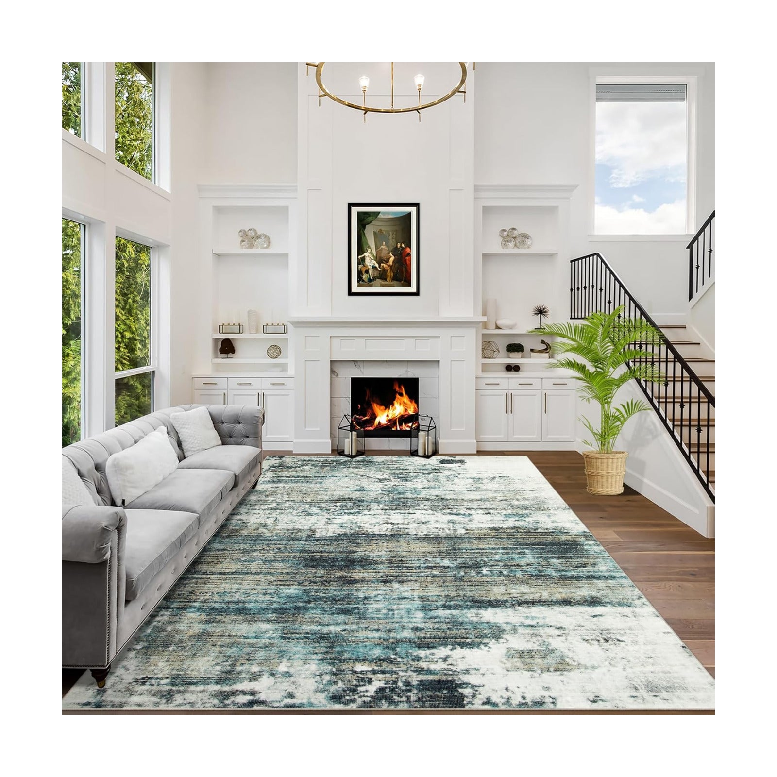 5x7 Area Rugs for Living Room: Washable Abstract Teal Green Badroom Carpet