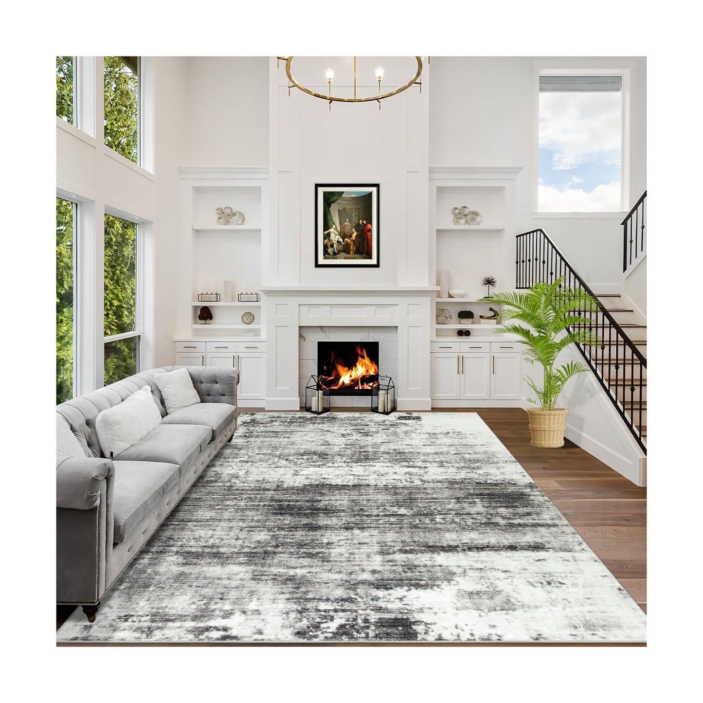 9x12 Area Rugs for Living Room: Washable Abstract Black Grey Badroom Carpet