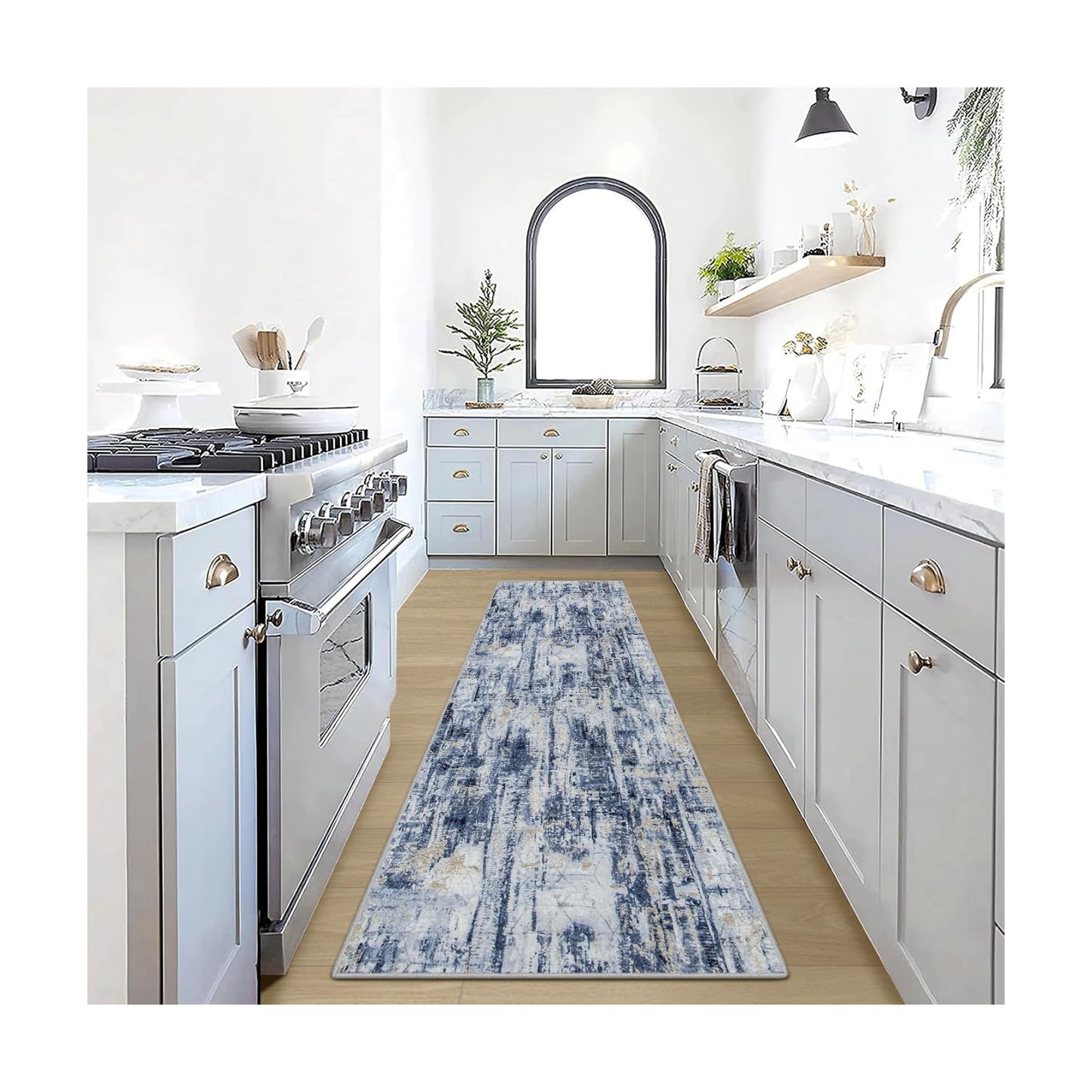 2'6''x8' Runner Rugs Washable Rug: Modern Abstract Hallway Blue Gold Carpet