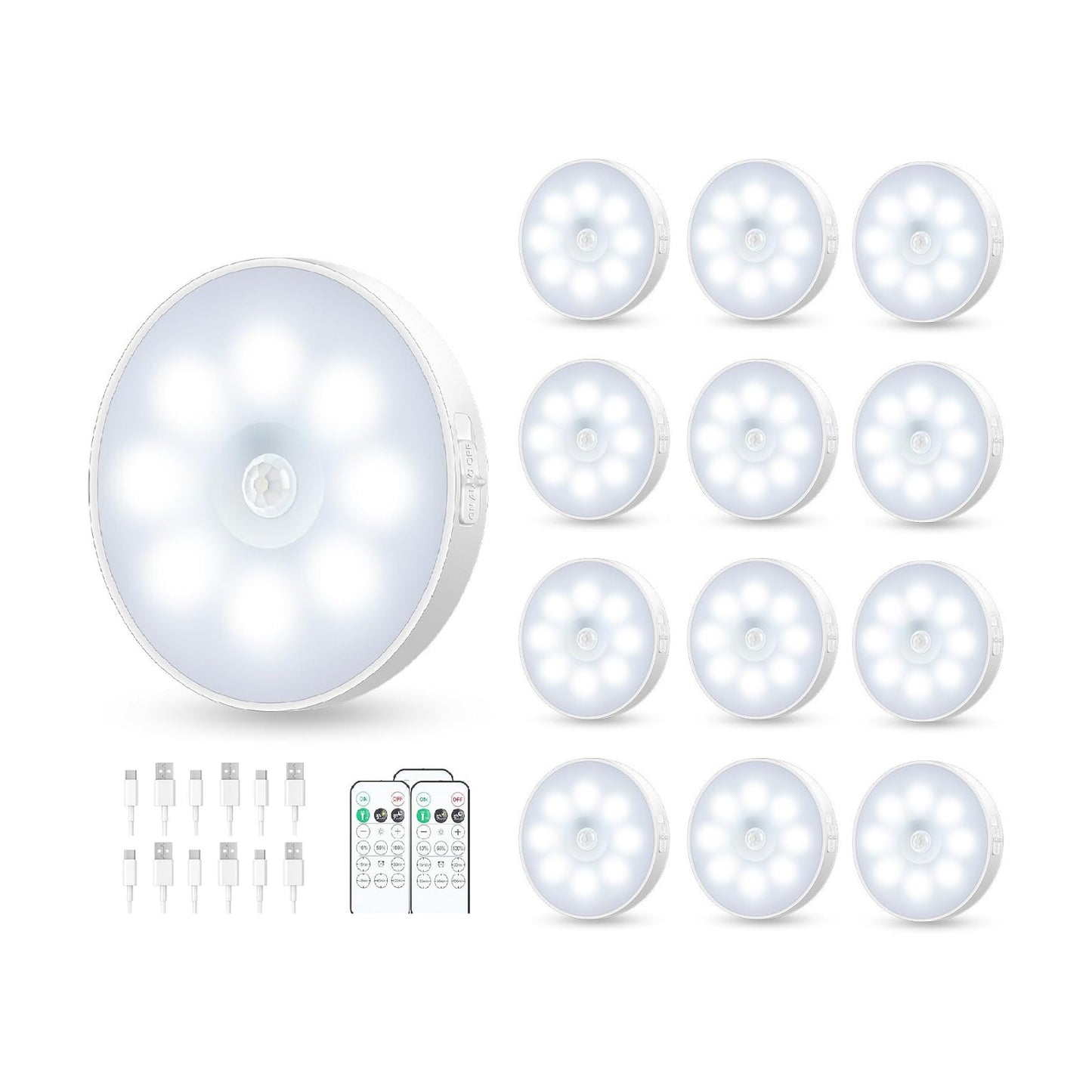 Motion Sensor Puck Light with Remote, Cool White, 12-Pack | Wireless Dimmable, Under Cabinet Lights, Rechargeable