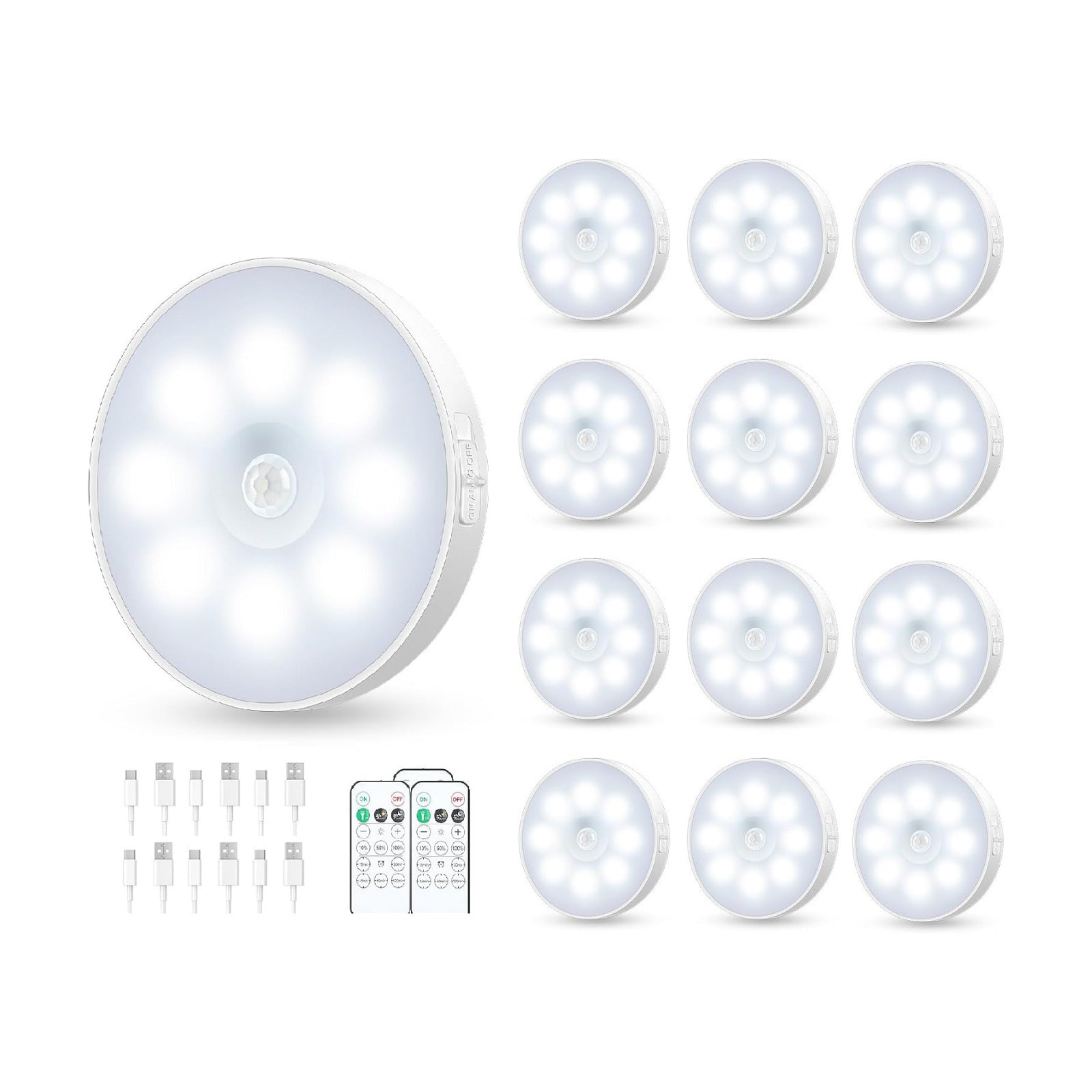 Motion Sensor Puck Light with Remote, Cool White, 12-Pack | Wireless Dimmable, Under Cabinet Lights, Rechargeable