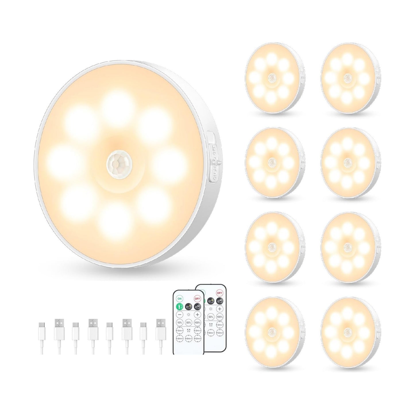 Motion Sensor Puck Light with Remote, Warm White, 8-Pack | Wireless Dimmable, Under Cabinet Lights, Rechargeable