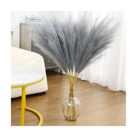 Faux Pampas Grass Tall Pompas Floral Arrangement and Vase Filler / Grey / Set of 8