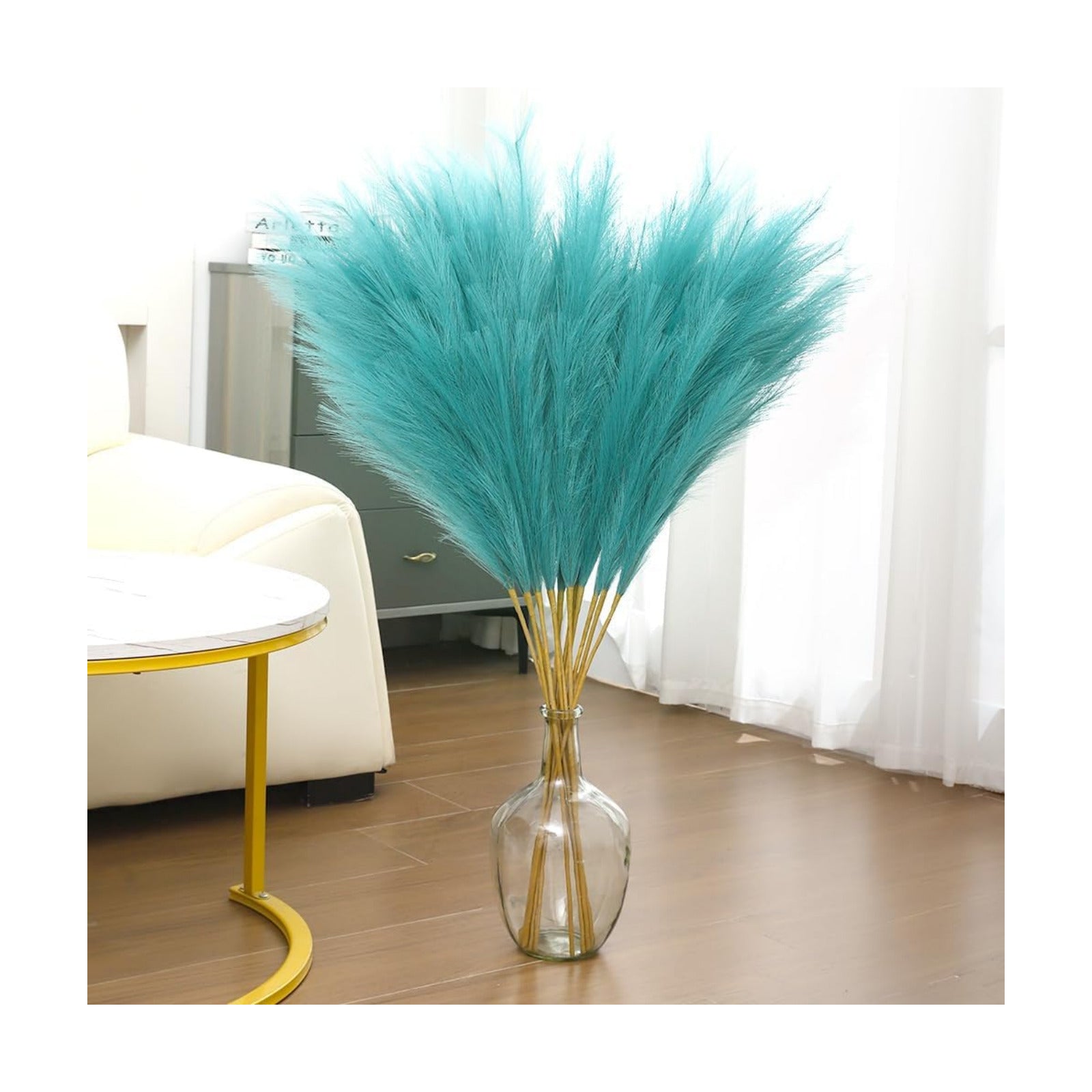 Faux Pampas Grass Flower Arrangement and Vase Filler for Boho Home Wedding / Lake Blue / Set of 8
