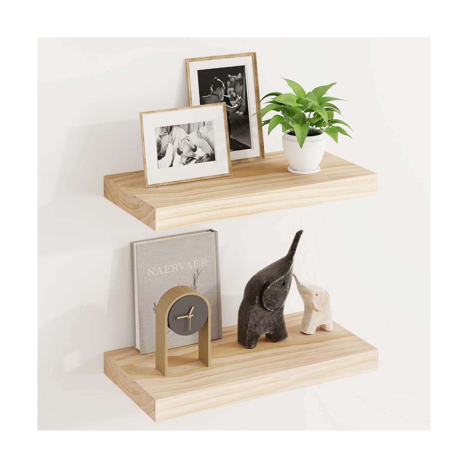 Fun Memories Wood Floating Shelves Set of 2, Rustic Pine Wood Floating Shelves for Wall Mounting, Wide Wall Shelf for