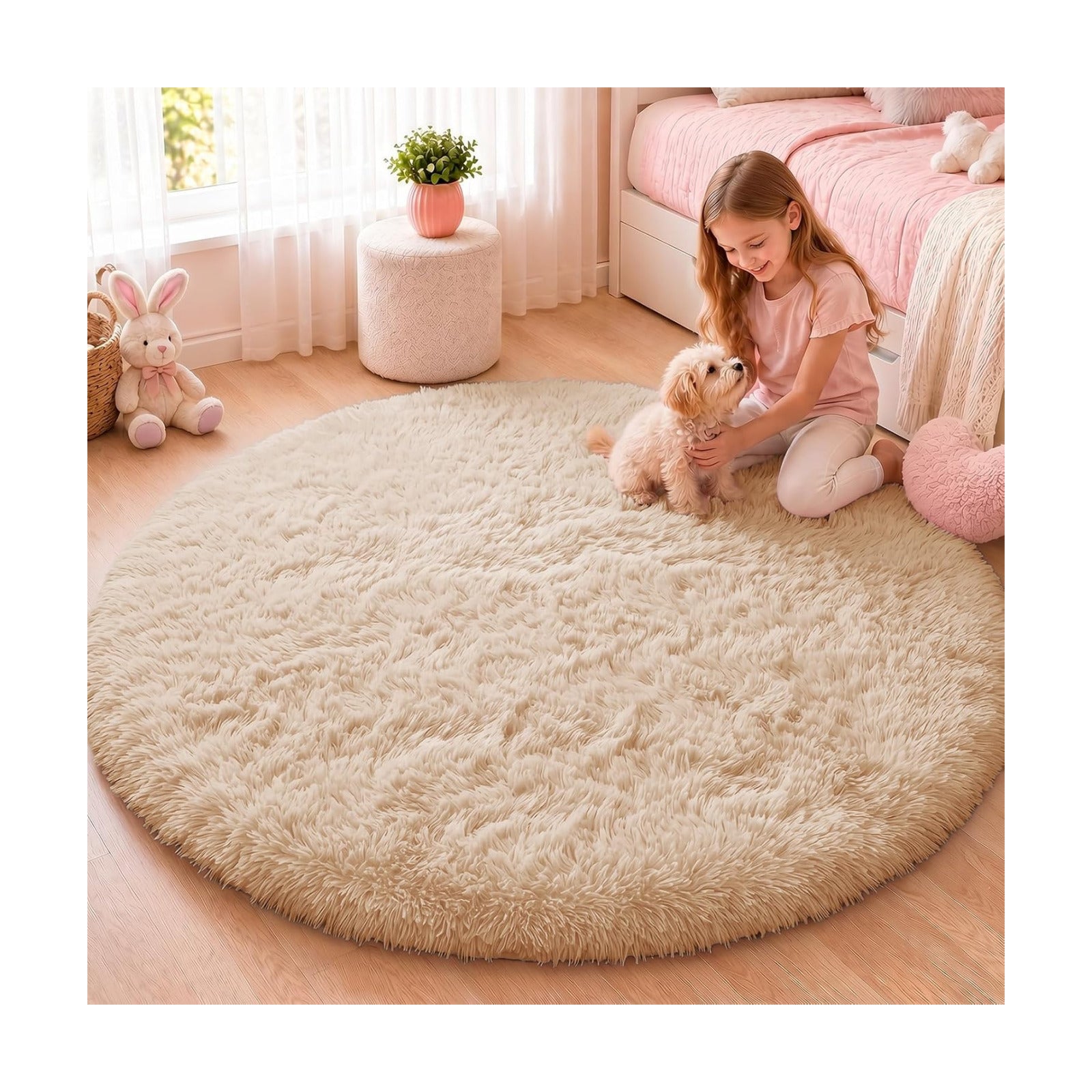 OLANLY Beige Round Rugs for Bedroom - Machine Washable, 4 ft Circle Area Rugs for Living Room, Soft and Fluffy Shaggy