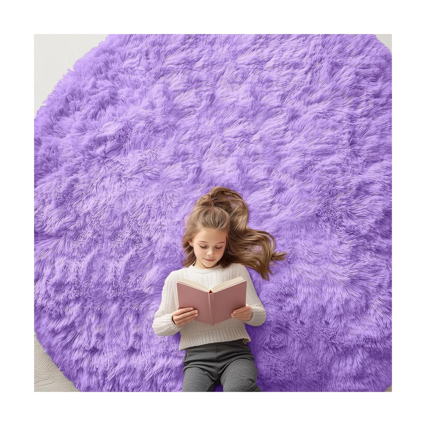 OLANLY Purple Round Rugs for Bedroom - Machine Washable, 8 ft Circle Area Rugs for Living Room, Soft and Fluffy Shaggy