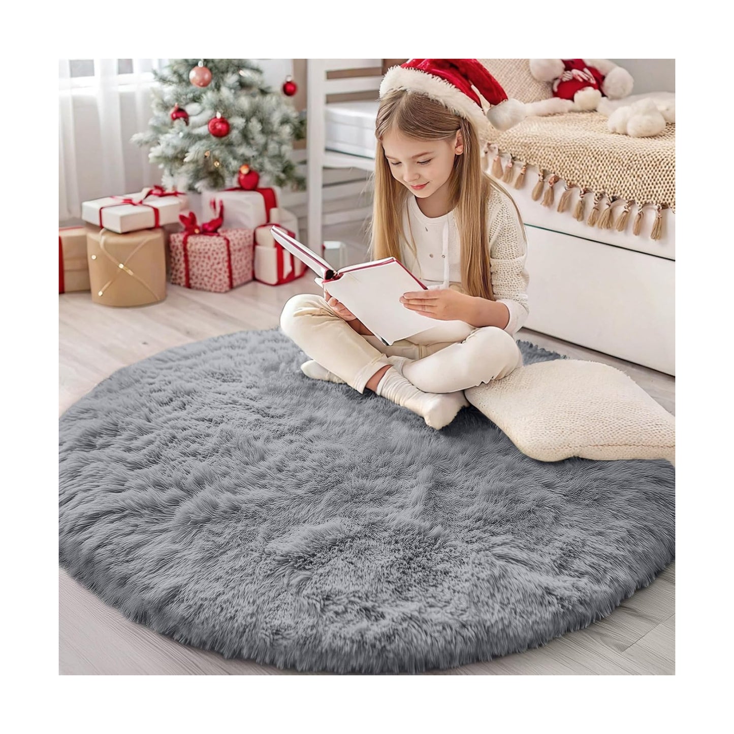 OLANLY Light Grey Round Rugs for Bedroom - Machine Washable, 4 ft Circle Area Rugs for Living Room, Soft and Fluffy