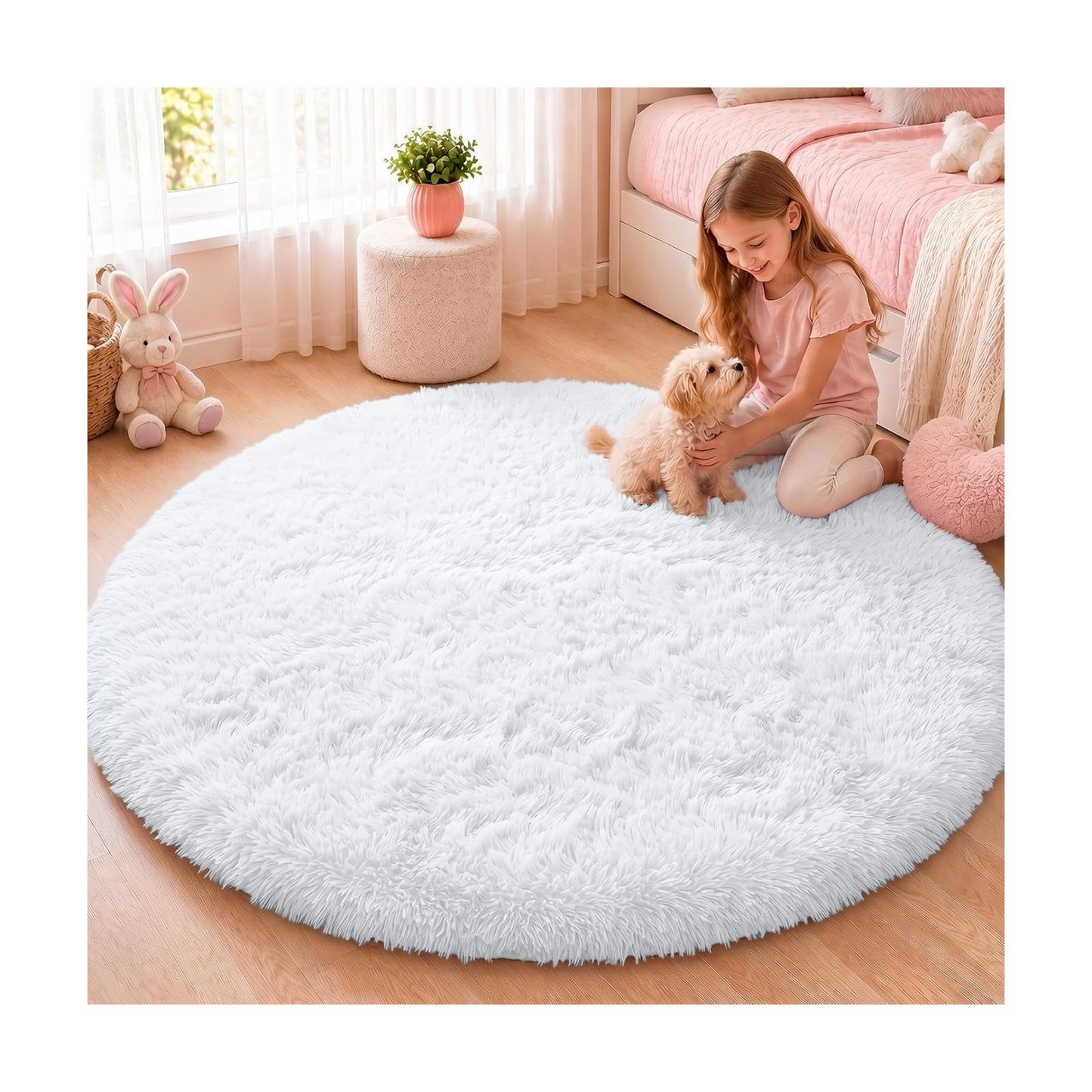 OLANLY White Round Rugs for Bedroom - Machine Washable, 4 ft Circle Area Rugs for Living Room, Soft and Fluffy Shaggy