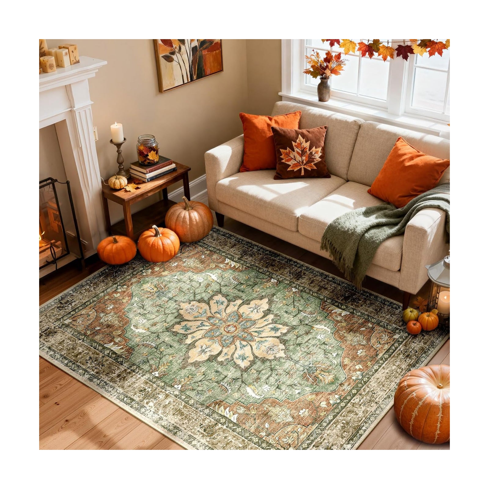 RELEANY Washable Area Rug, 4'x6', Brick/Brown/Green