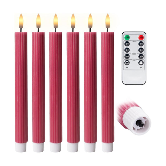 10" Fluted Ribbed LED Pink Grooved Real Wax Taper Candles, Remote & 24h Timer Memory, On/Off Switch - Flameless