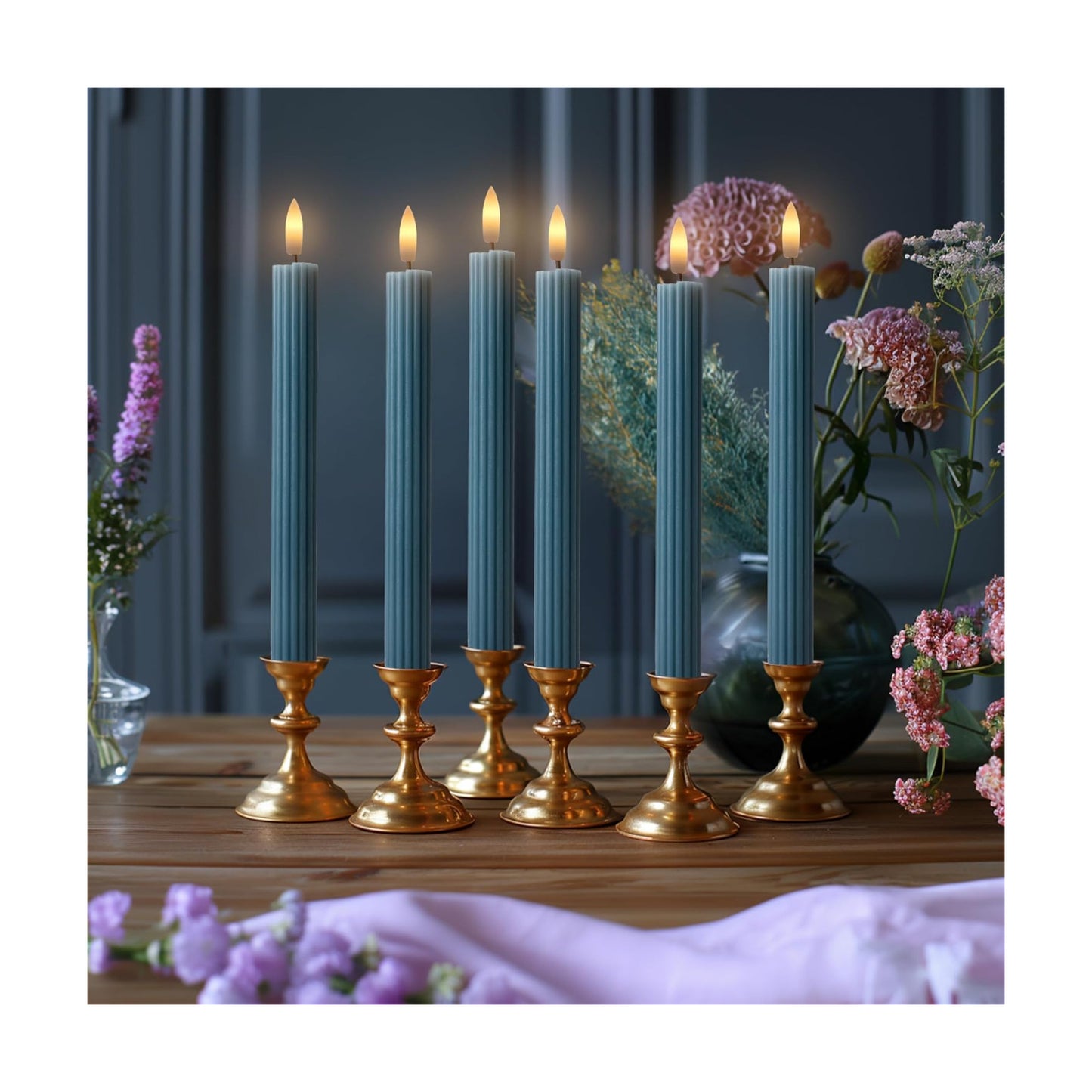 10" Fluted Ribbed LED Blue Grooved Real Wax Taper Candles, Remote & 24h Timer Memory, On/Off Switch - Flameless