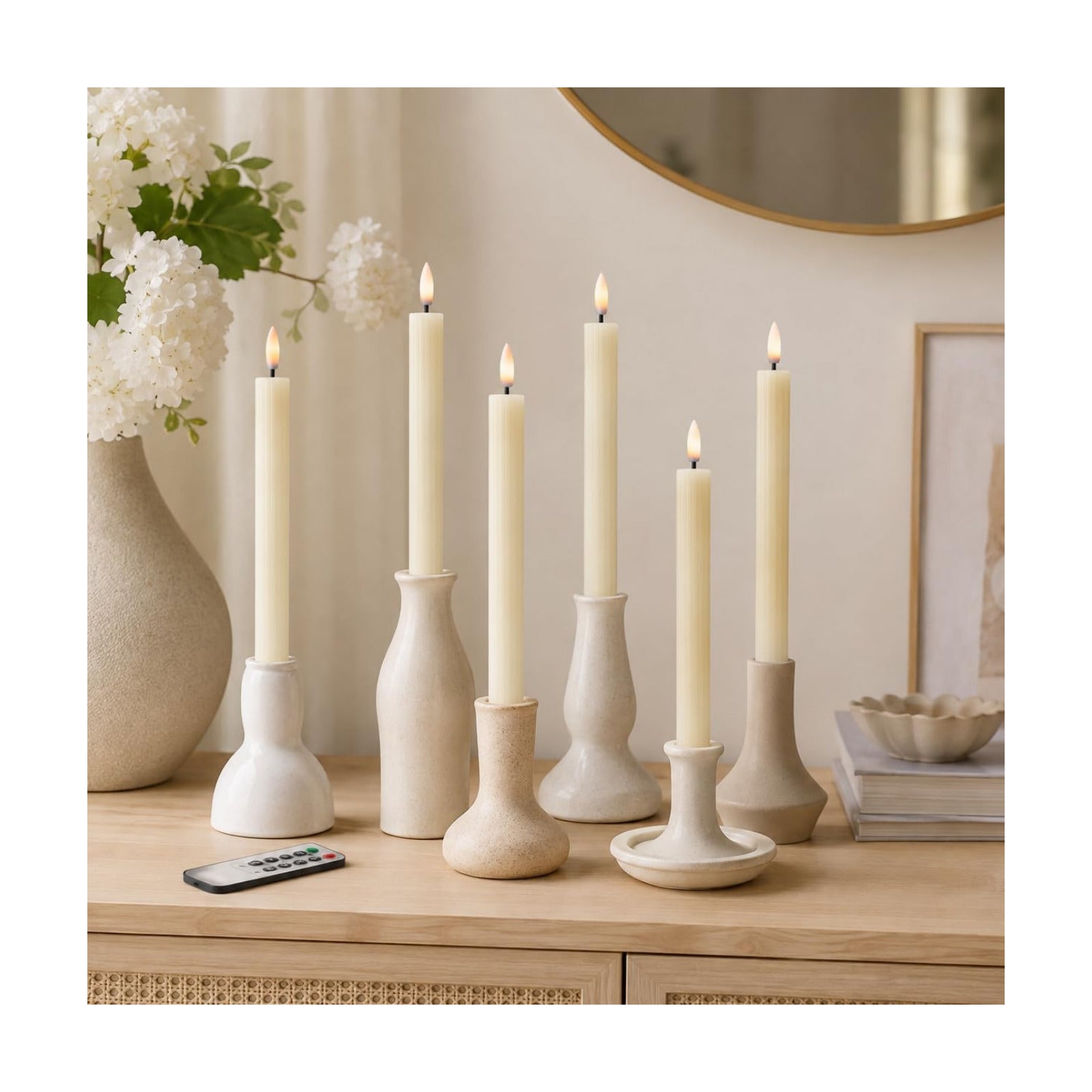 10" Fluted Ribbed LED Ivory Grooved Real Wax Taper Candles, Remote & 24h Timer Memory, On/Off Switch - Flameless