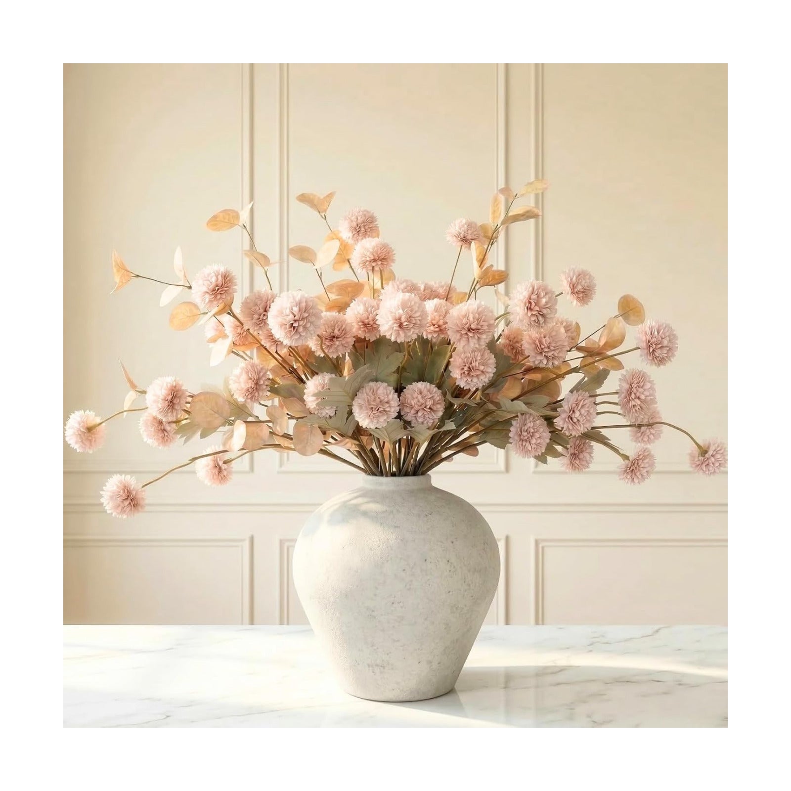 Artificial Flowers for Vase - 12 Stems Beige Faux Silk Mums with Eucalyptus