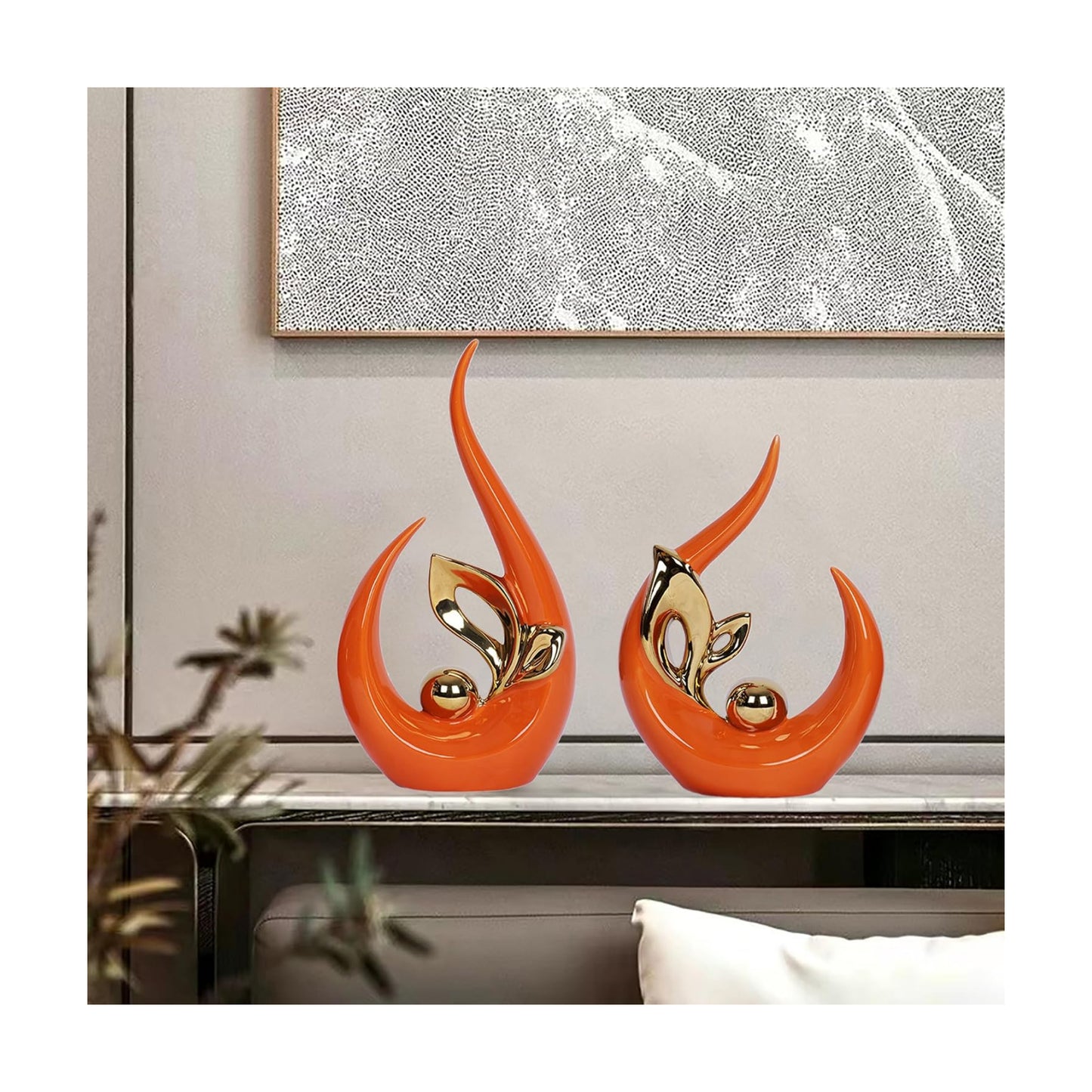 & Gold Mid Century Modern Decor Ceramic Statue / Orange / Set of 2