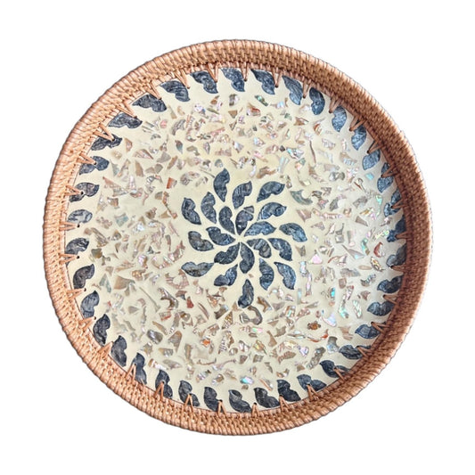Large Rattan Serving Tray / Lucky Flower / 14 Inch
