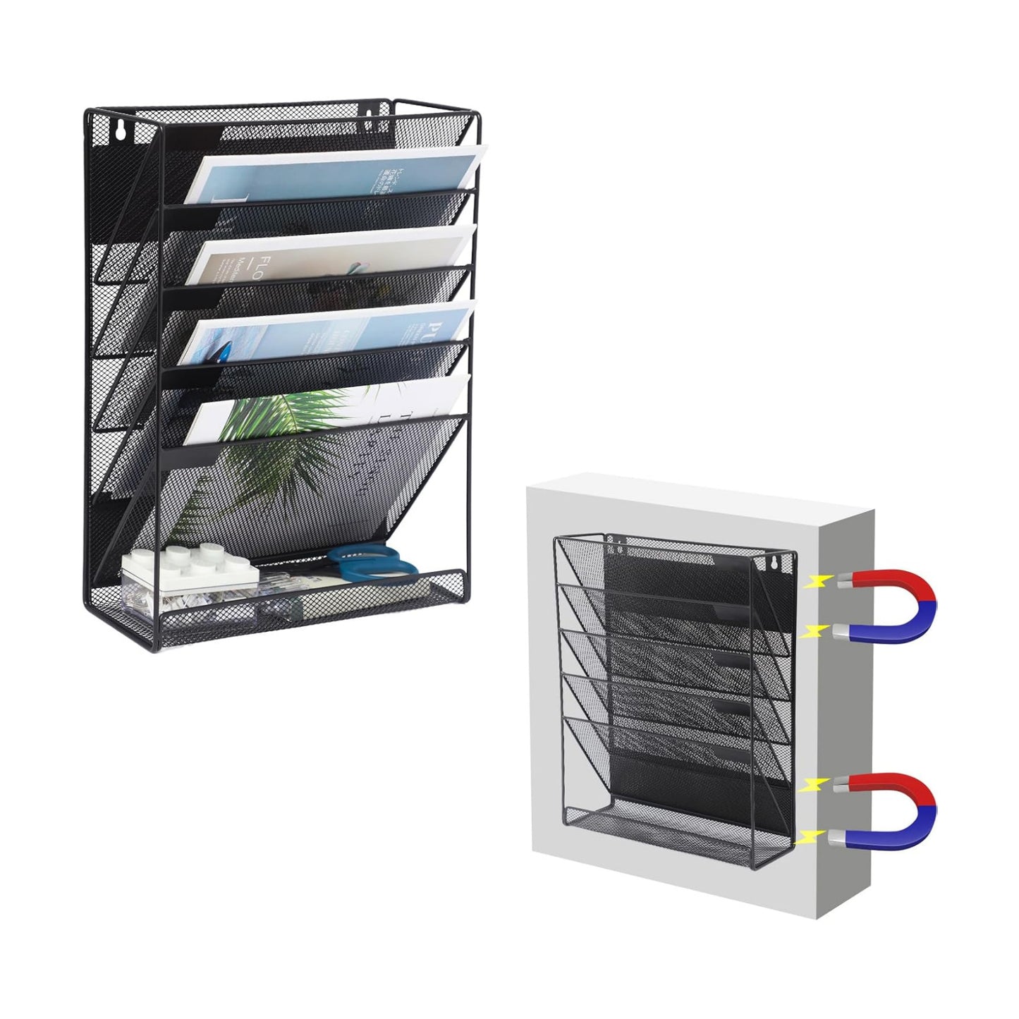 Magnetic File Organizer Mesh 6-Tier, Hanging Wall Mount File Organizer Vertical Holder Rack for Office Home, Black