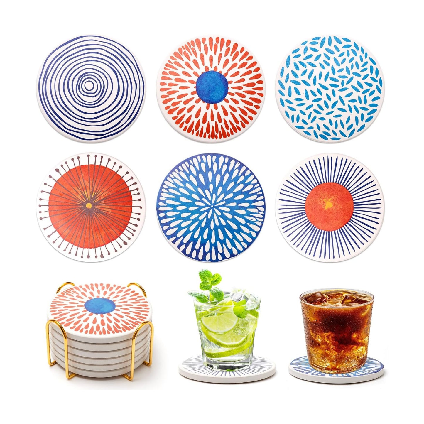Funny Ceramic Absorbent Coaster Coasters for Drinks Fun Boho Coffee Table / Mid Century / Set of 6