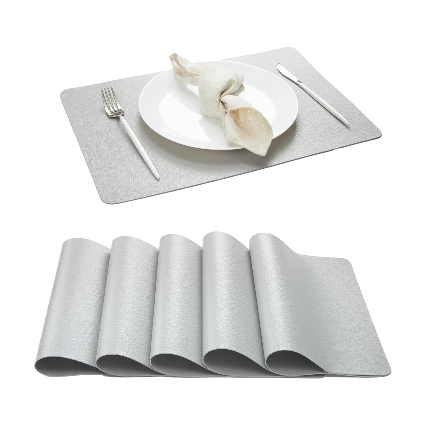DOLOPL Light Grey Placemats Set of 6, Wipeable Faux Leather Place Mats | Leather-look, Easy Clean,Washable, Heat