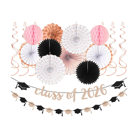 Kit Class of 2026 Streamers / Rose-gold Pink Black Class of 2026 / Set of 18