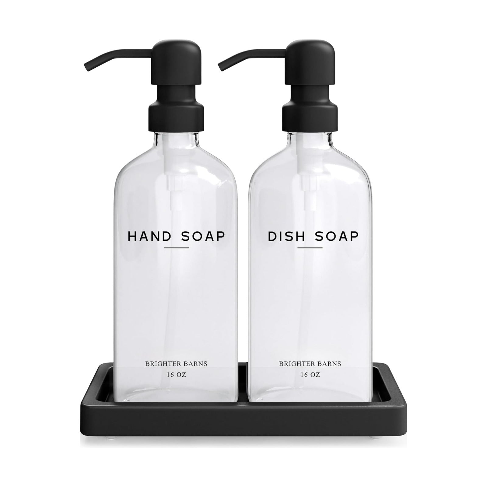 Glass Hand and Dish Soap Dispenser Set by Brighter Barns - Kitchen Soap Dispenser Set with Tray, Stainless Steel Pump