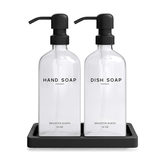 Glass Hand and Dish Soap Dispenser Set by Brighter Barns - Kitchen Soap Dispenser Set with Tray, Stainless Steel Pump