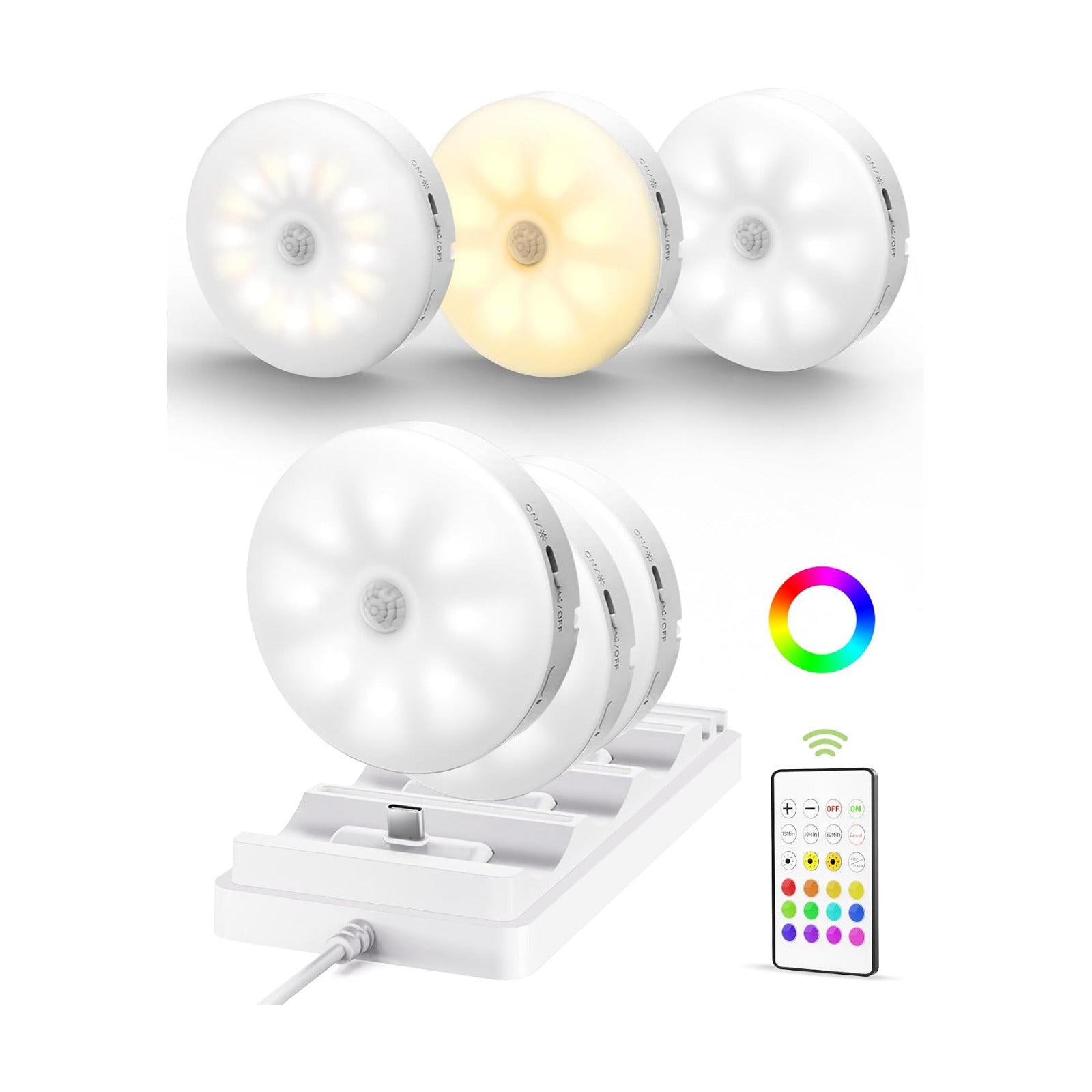 EZVALO RGB Puck Lights with Charging Station, Motion Sensor Cabinet Lights | 6-Pack with Remote, Rechargeable