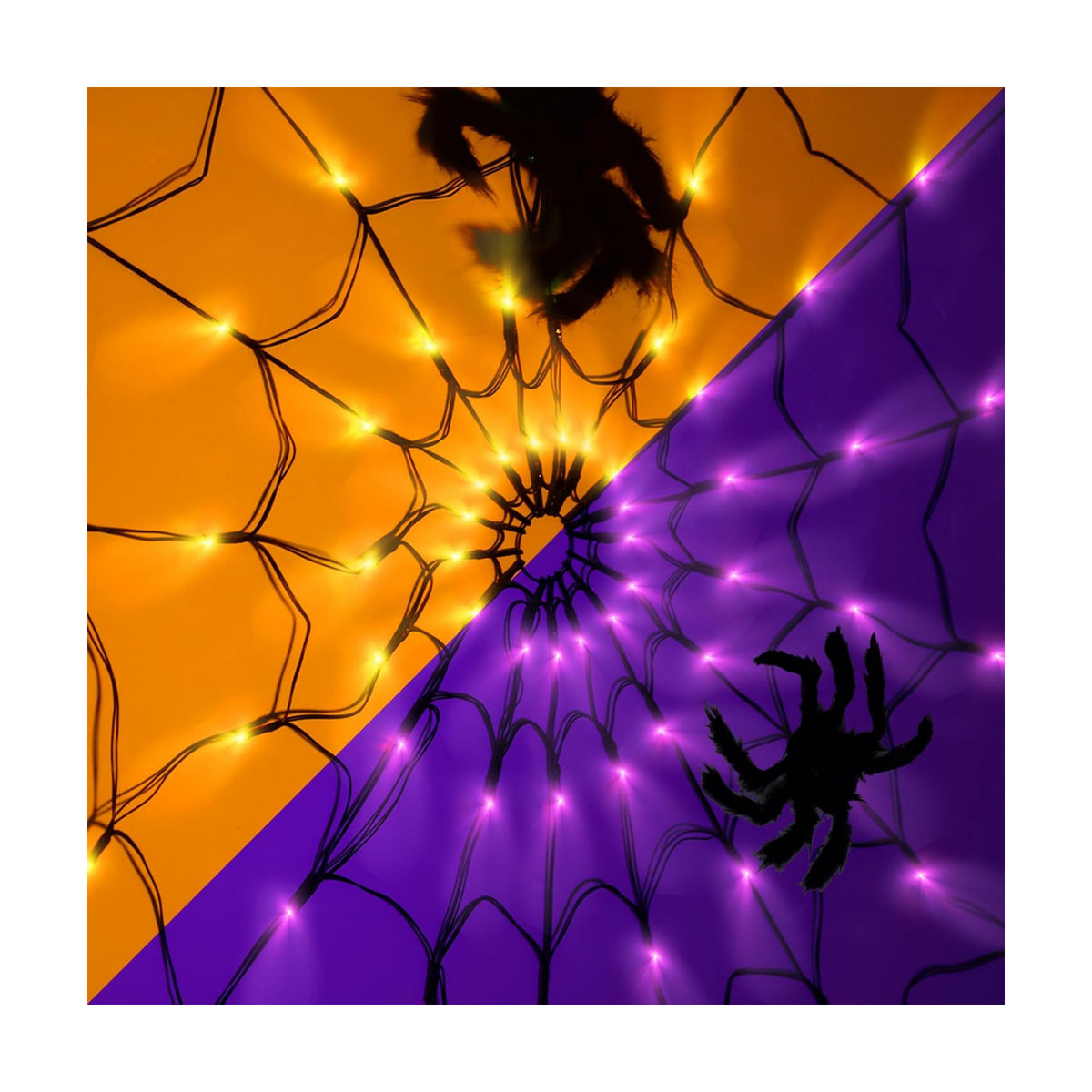 LCHUANG Halloween Decorations Spider Web Lights - 2 Pcs Light Up Spider Web, 4FT Diameter 70 LED with Black Spider, Waterproof, Remote Control, 8 Modes Cobweb Halloween Decorations (Purple+Orange)