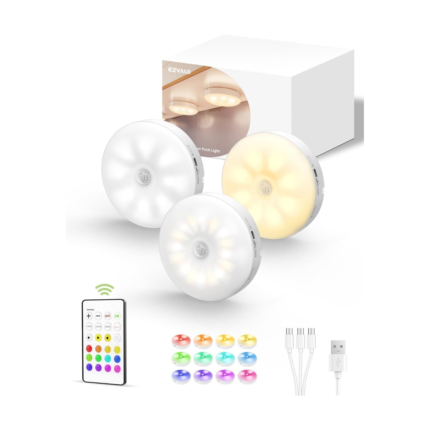 EZVALO Under Cabinet Lighting, 1000mAh Rechargeable Puck Lights with Remote, 3 Color Temps & 12 RGB Motion Sensor
