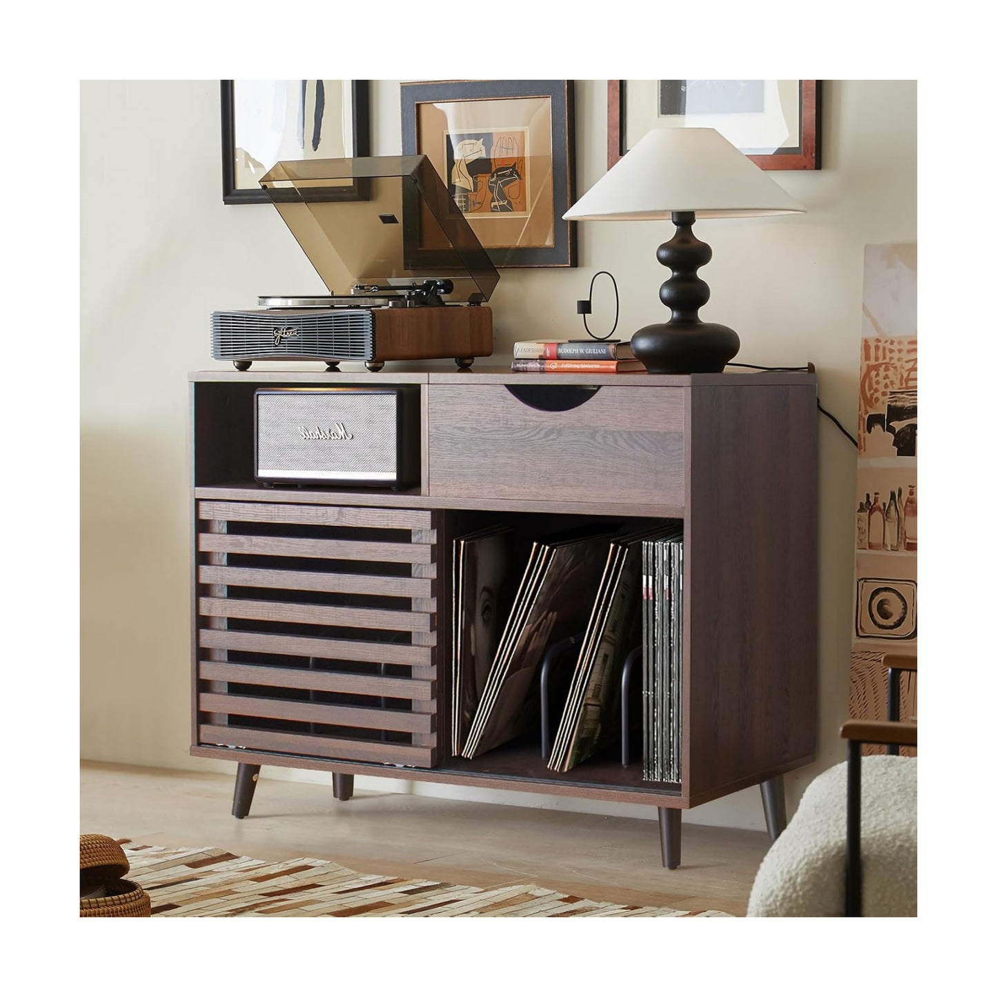 Record Player Stand, Vinyl Record Cabinet Holds Up to 200 Albums | Vinyl Storage Cabinet with Power Outlet, Turntable