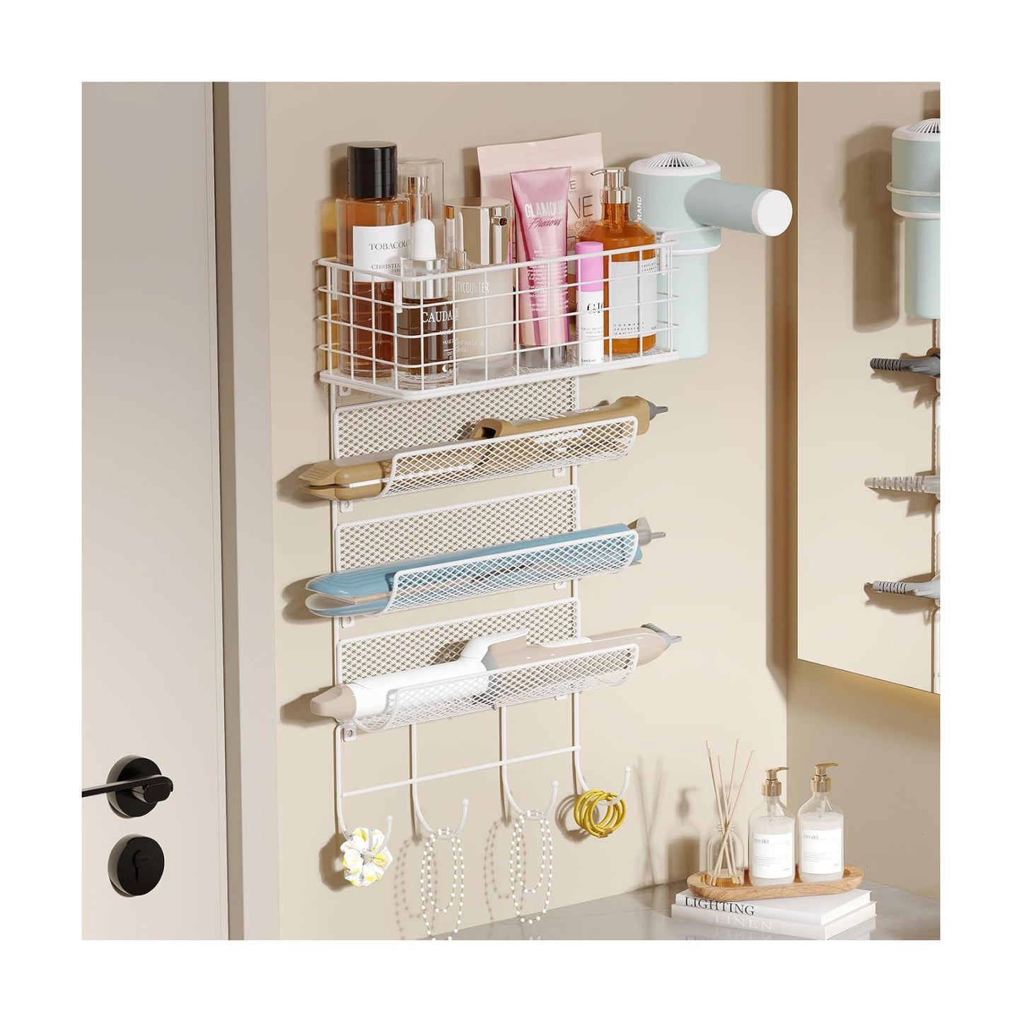 Wall-Mounted Hair Dryer Holder Styling Tool Organizer 4-Shelf Storage Wire Basket with Hook Heat Safe Rack for