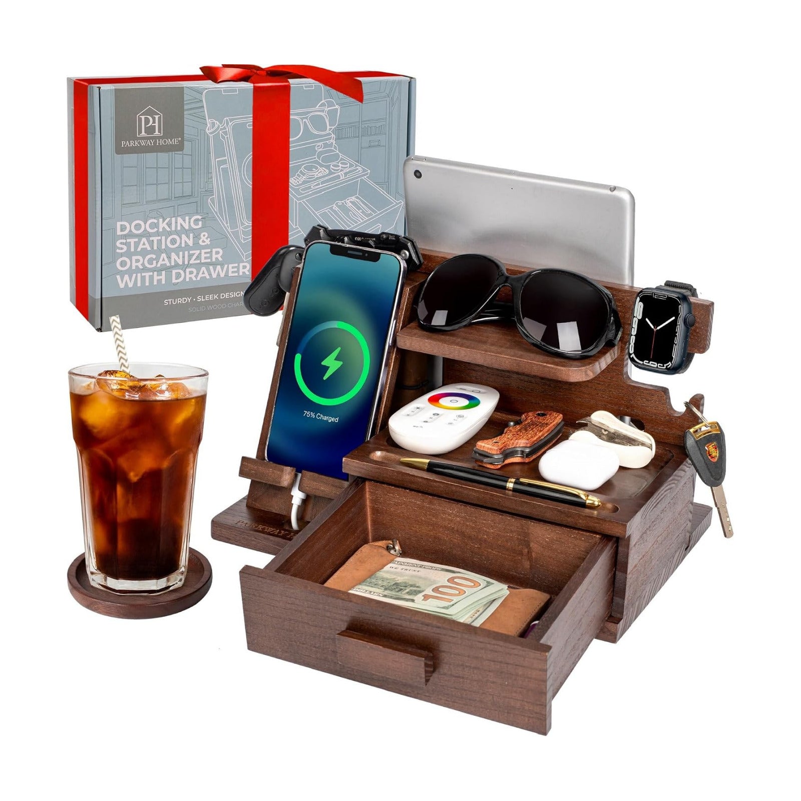 Wood Phone Docking Station with Drawer, Compatible with Apple Watch - Wood Charging Station Organizer Stand, Bedside