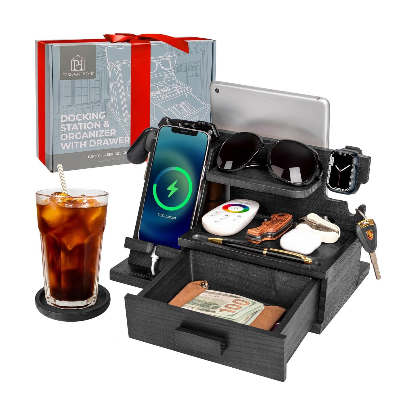 Black Wood Phone Docking Station with Drawer, Compatible with Apple Watch - Wood Charging Station Organizer Stand