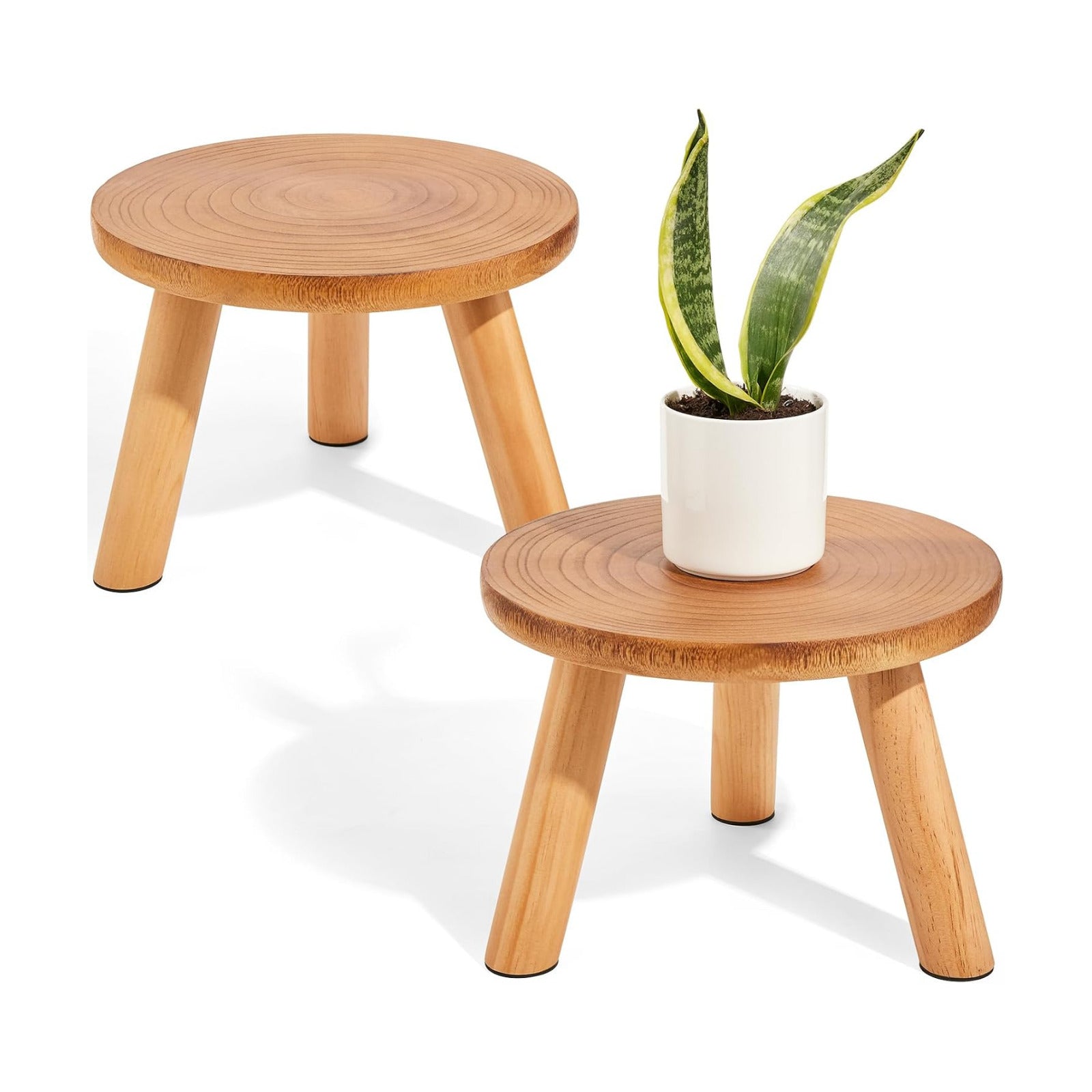 2 Pcs Plant Stand Indoor,11-12" Wood Plant Stand Holder with Growth Ring | Solid Wood Mid Century Modern Round Plant