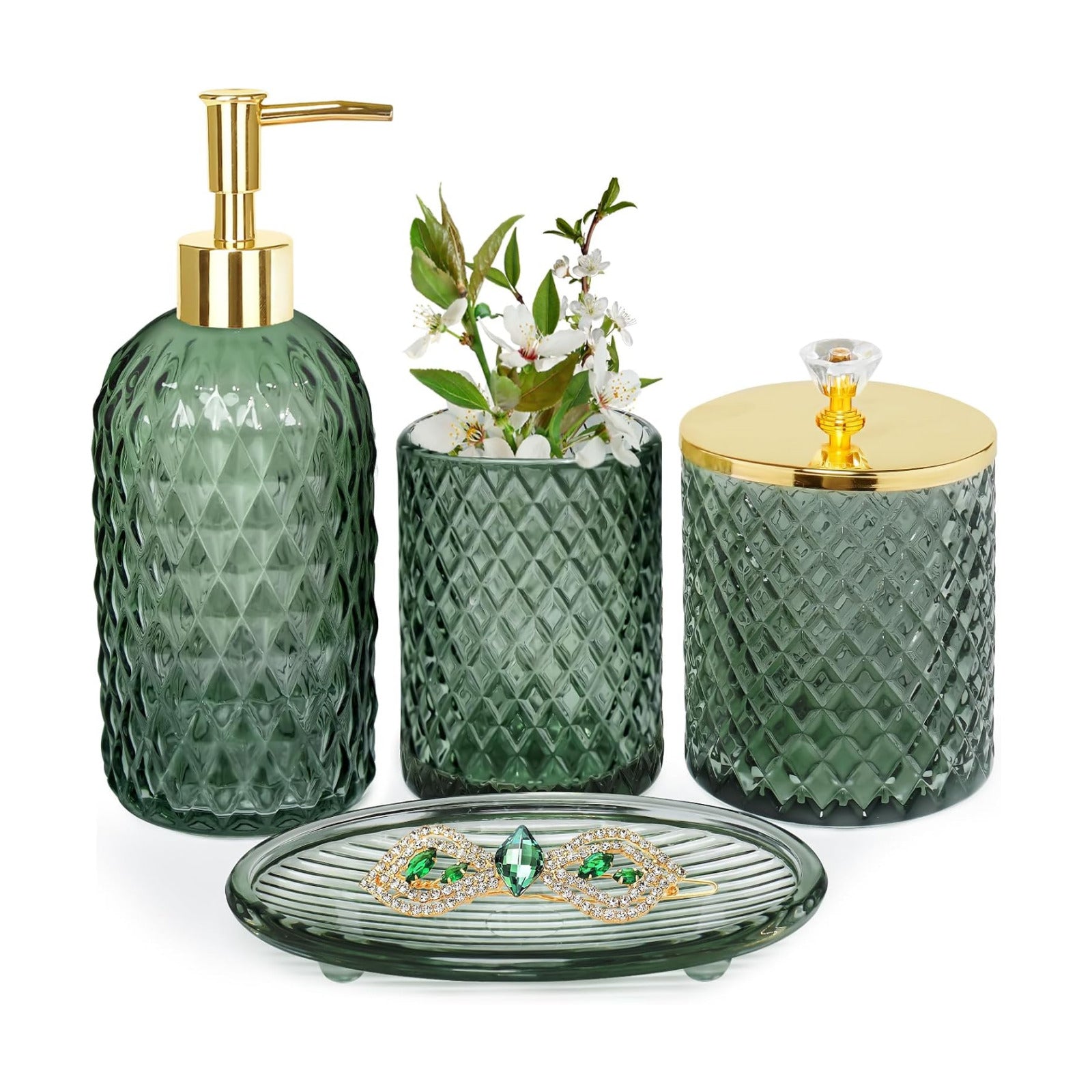 Glass Complete w/Bathroom Soap Dispenser Set / Bathroom Set / Sage Green / Set of 4