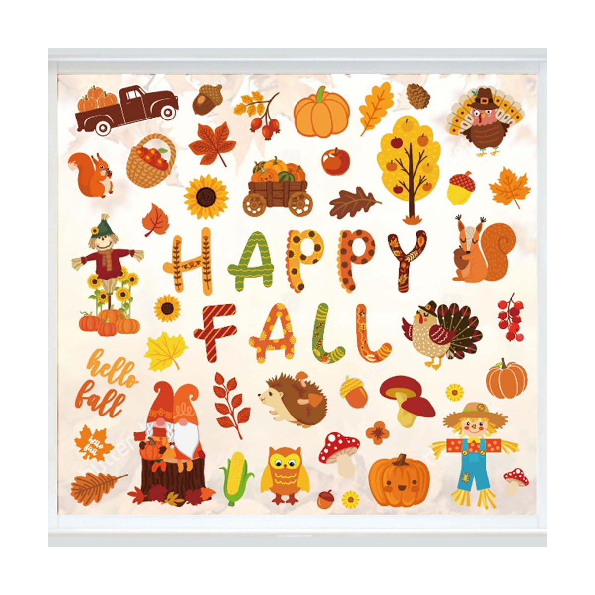 Whaline 9 Sheets Happy Fall Thanksgiving Window Clings Autumn Cute Cartoon Window Stickers Static Reusable Glass Decals for Harvest Party Home Classroom Office Decor Supplies
