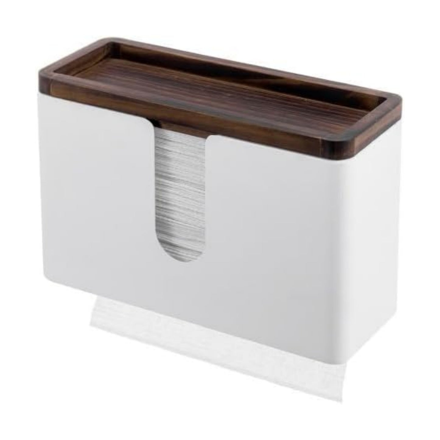 MyGift Deluxe Modern Matte White Metal Folded Commercial Paper Towel Holder with Rustic Burnt Solid Wood Tray Lid, Wall