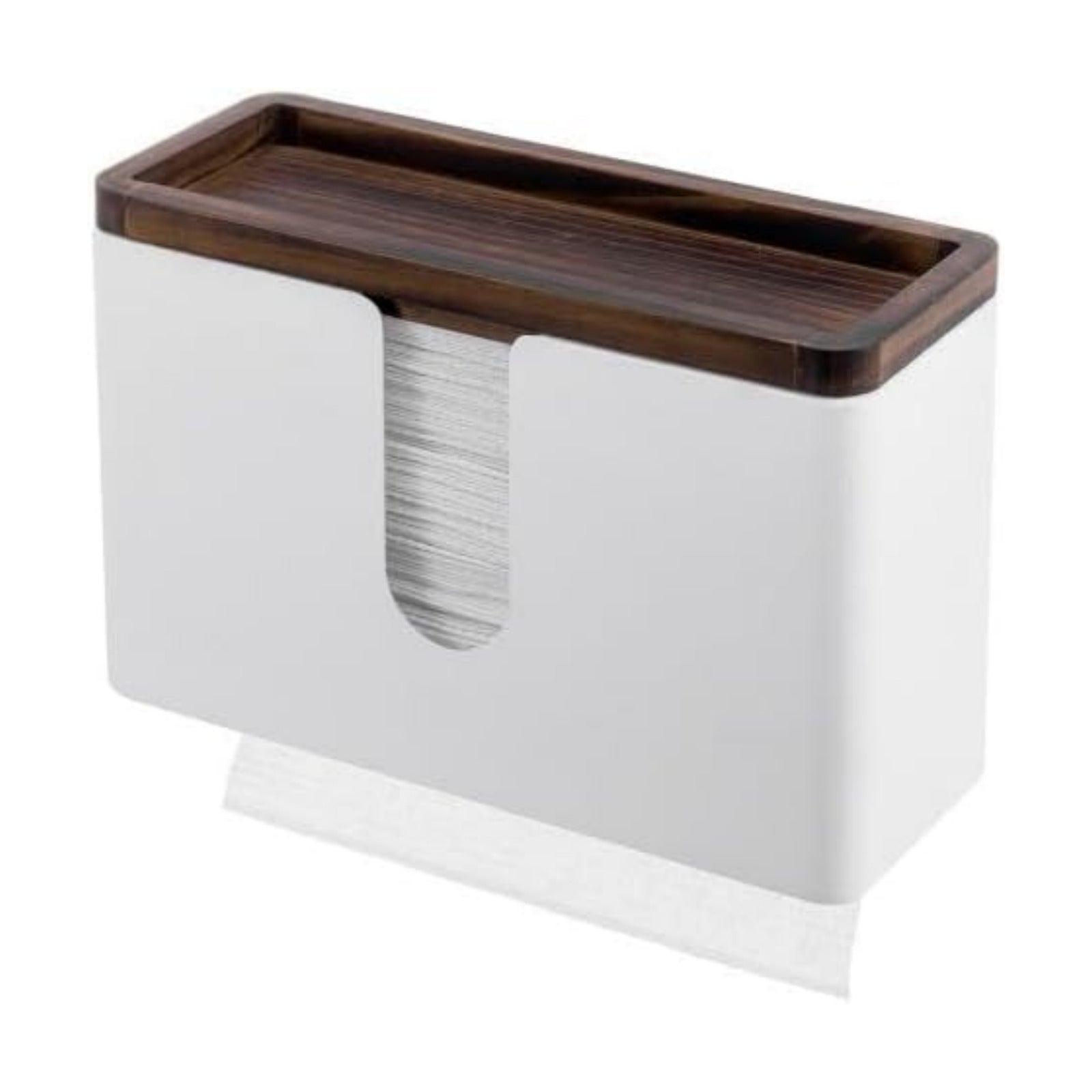 MyGift Deluxe Modern Matte White Metal Folded Commercial Paper Towel Holder with Rustic Burnt Solid Wood Tray Lid, Wall