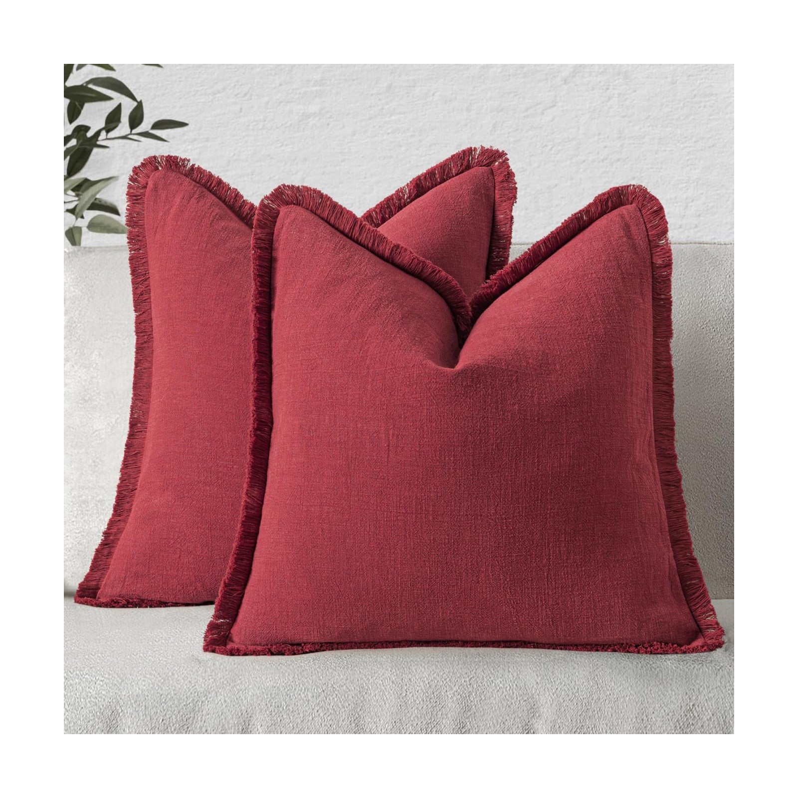 MIULEE Boho Linen Fringe Decorative Throw Pillow Covers Burgundy 18x18