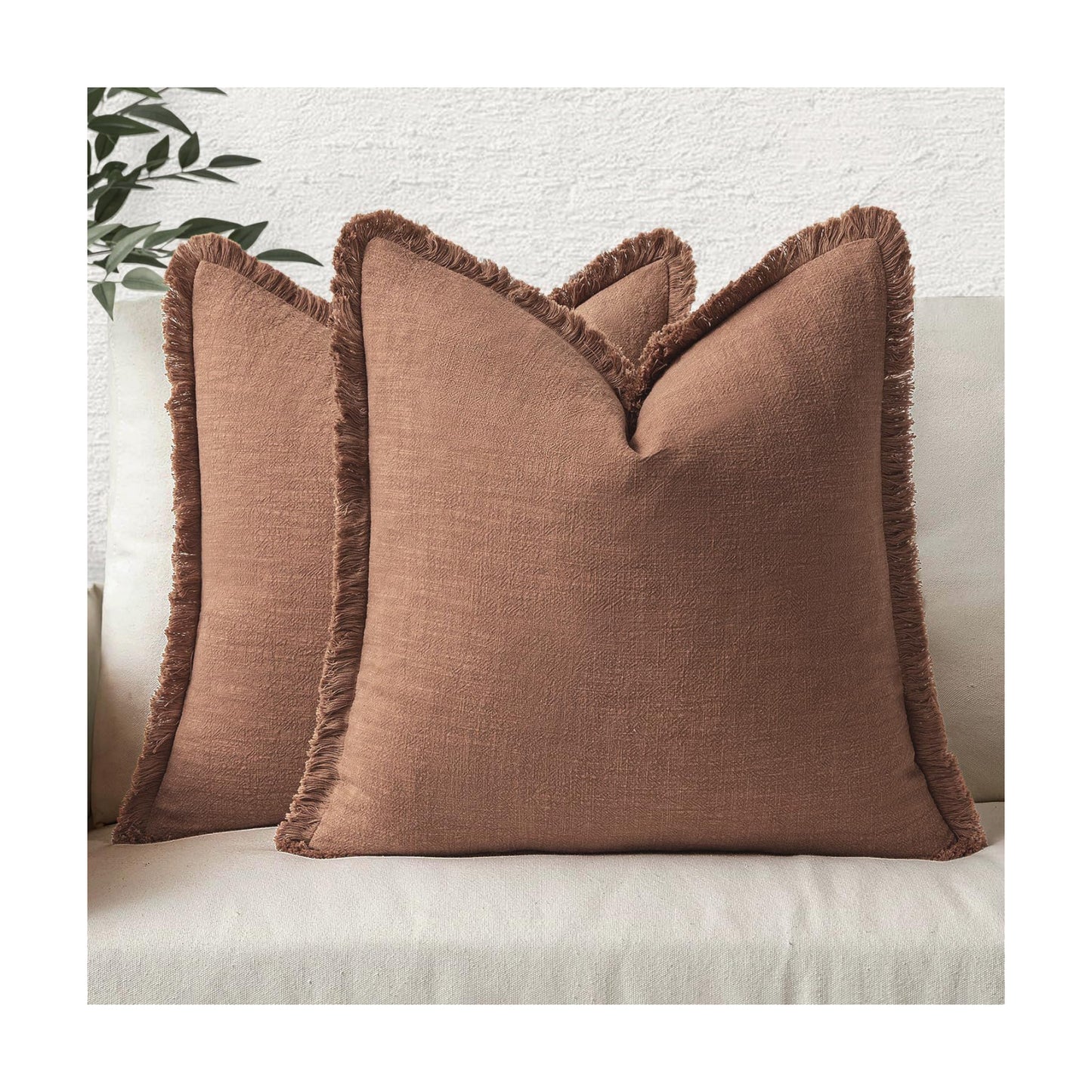 MIULEE Linen Fringe Decorative Fall Euro Throw Pillow Covers Brick 22x22