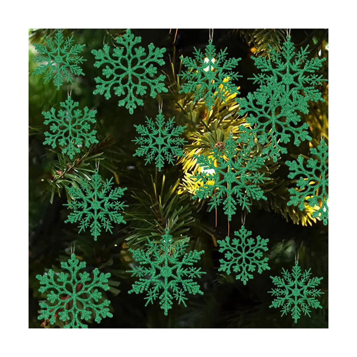 Dark Green Christmas Snowflake Ornaments- 36Pcs Plastic Glitter Hanging Snow Flakes for Christmas Tree Decorations Winter Wonderland Frozen Birthday Party Holiday Home Decor Craft Snowflakes