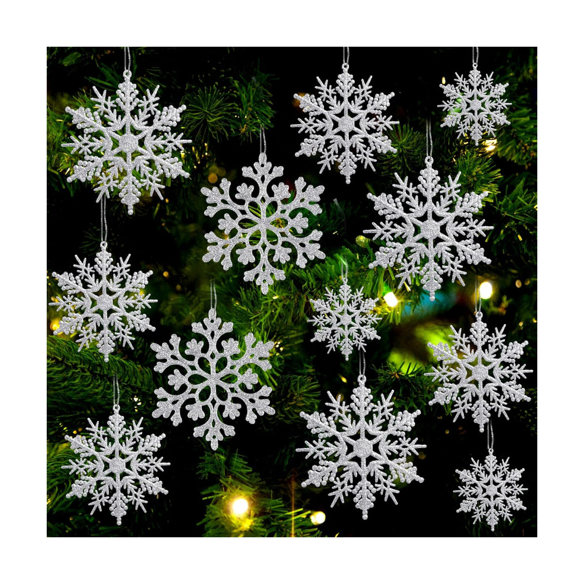 36pcs Christmas Silver Snowflake Ornaments Plastic Glitter Snow Flakes Ornaments for Winter Christmas Tree Decorations Size Varies Craft Snowflakes